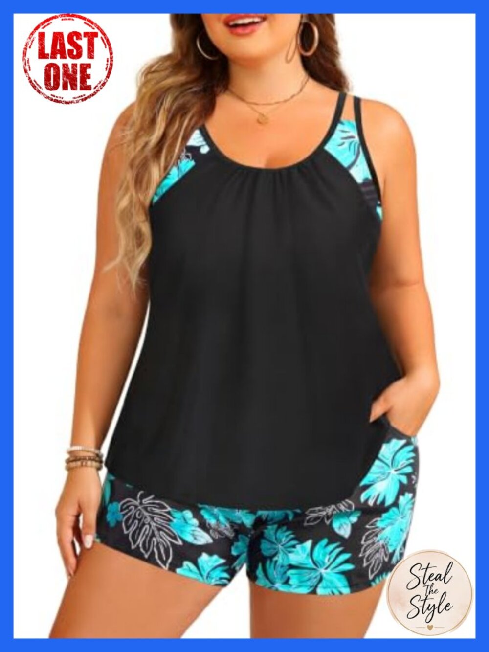 Plus Size Tankini Swimsuit with Built-In Bra, High Waist Boy Shorts, Two Piece
